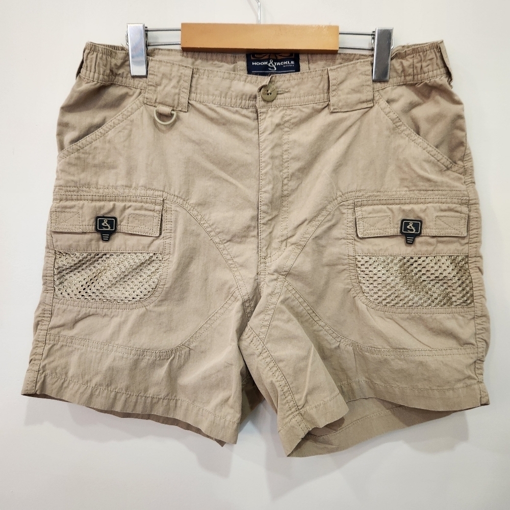 Hook & Tackle Shorts Mens 34 Beige Cargo Outfitters Fishing Hiking Mesh Pockets